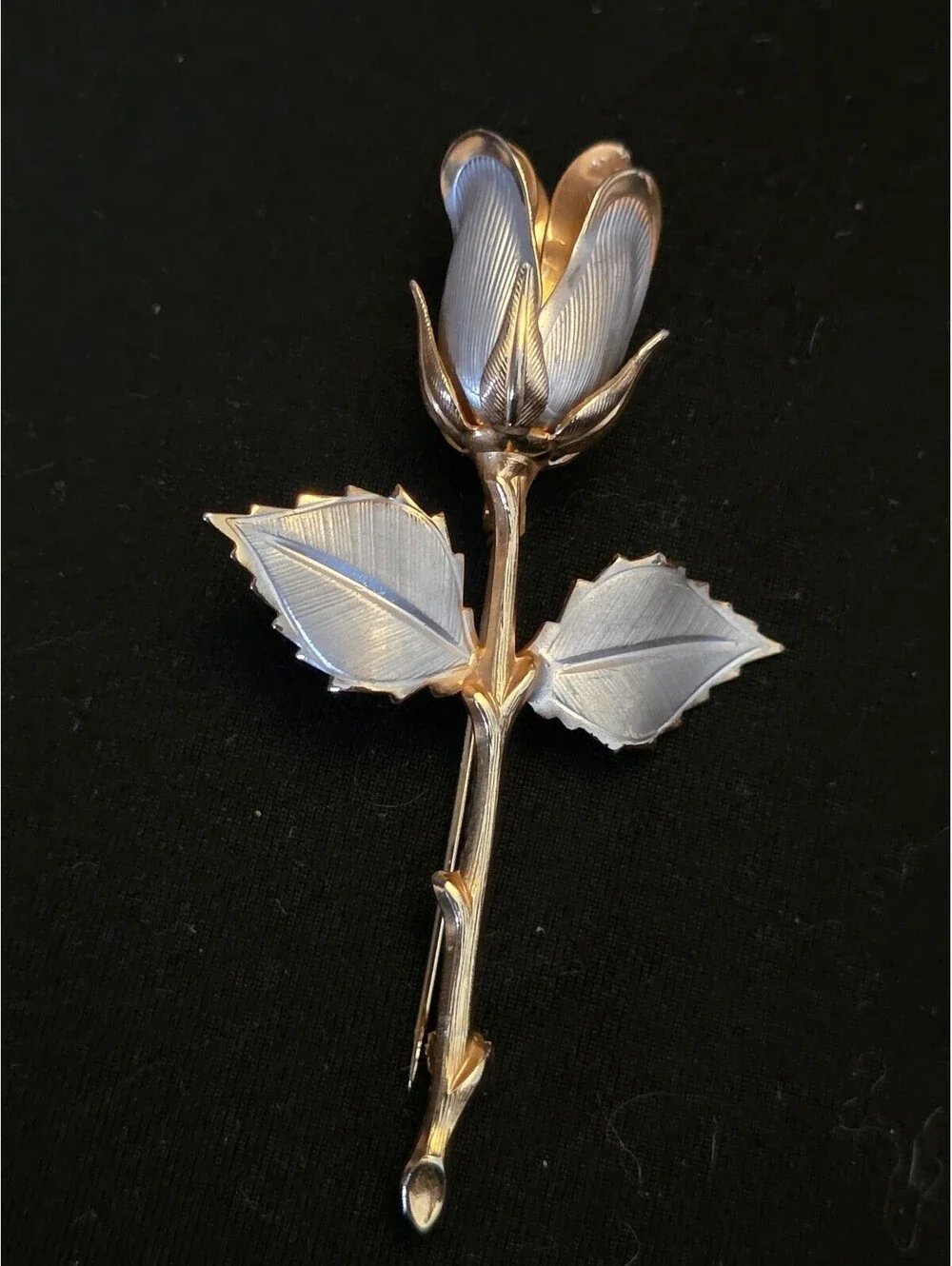 Vintage Two-Tone Gold & Silver Brushed Metal Rose Bud Pin Brooch